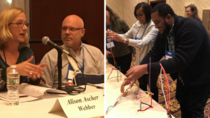 Two photos from the National Conference on Effective Transitions in Adult Education 2017. On the left, Dr. Alison Ascher Webber speaks on a panel. On the right, two conference participants build structures out of pipe-cleaners in a workshop.